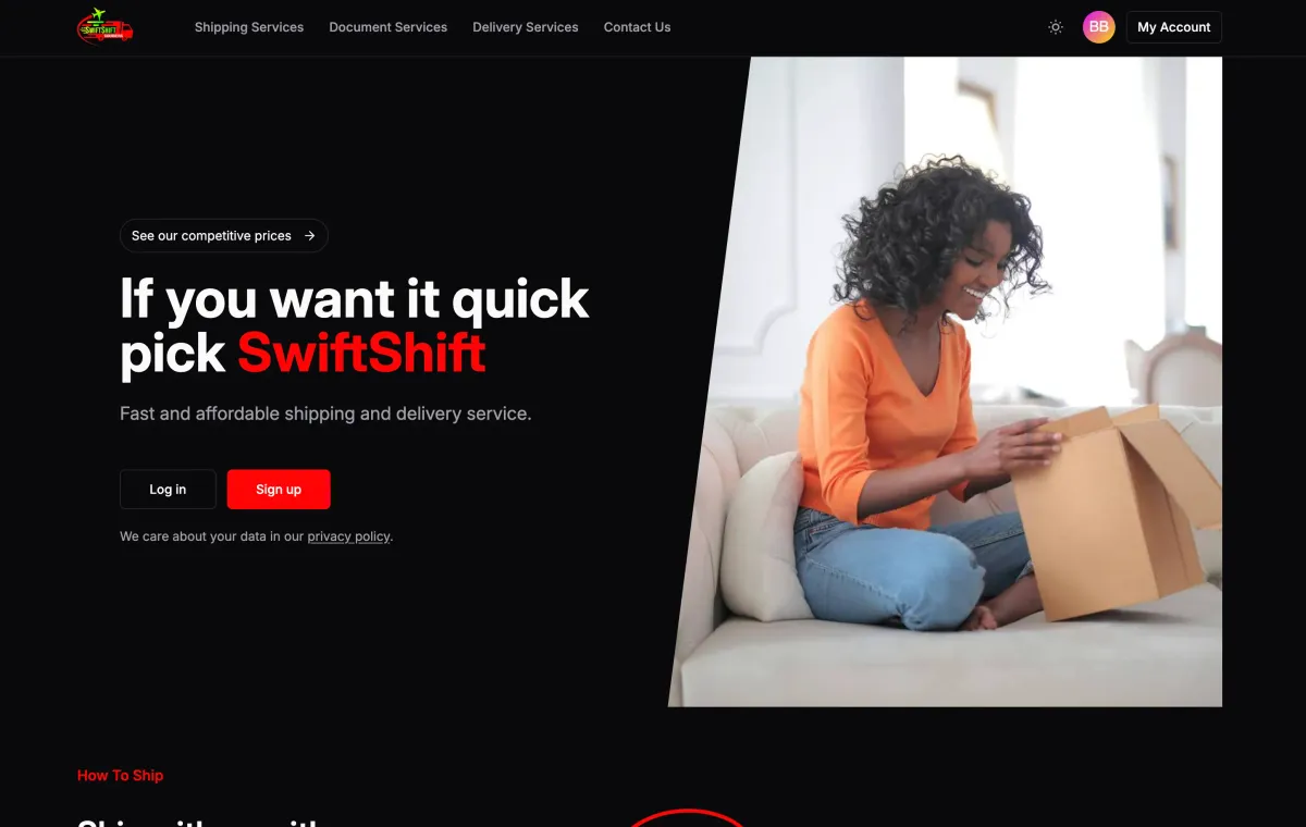 Screenshot preview of the SwiftShift Courier website homepage.